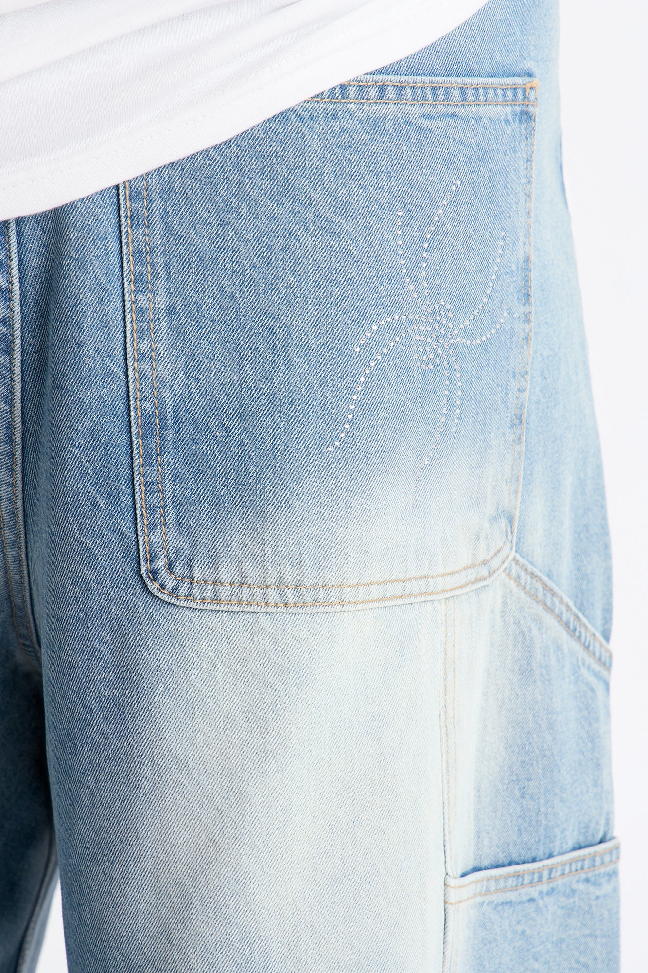 Baggy Jeweled Web Carpenter Denim Short - Light Wash