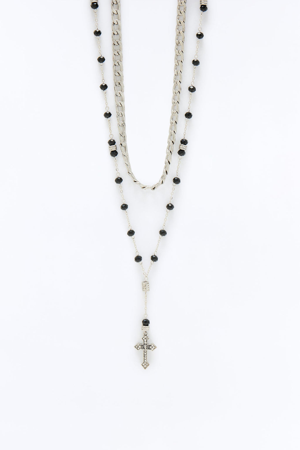 Layered Cuban And Beaded Cross Necklace Set - Silver/Black