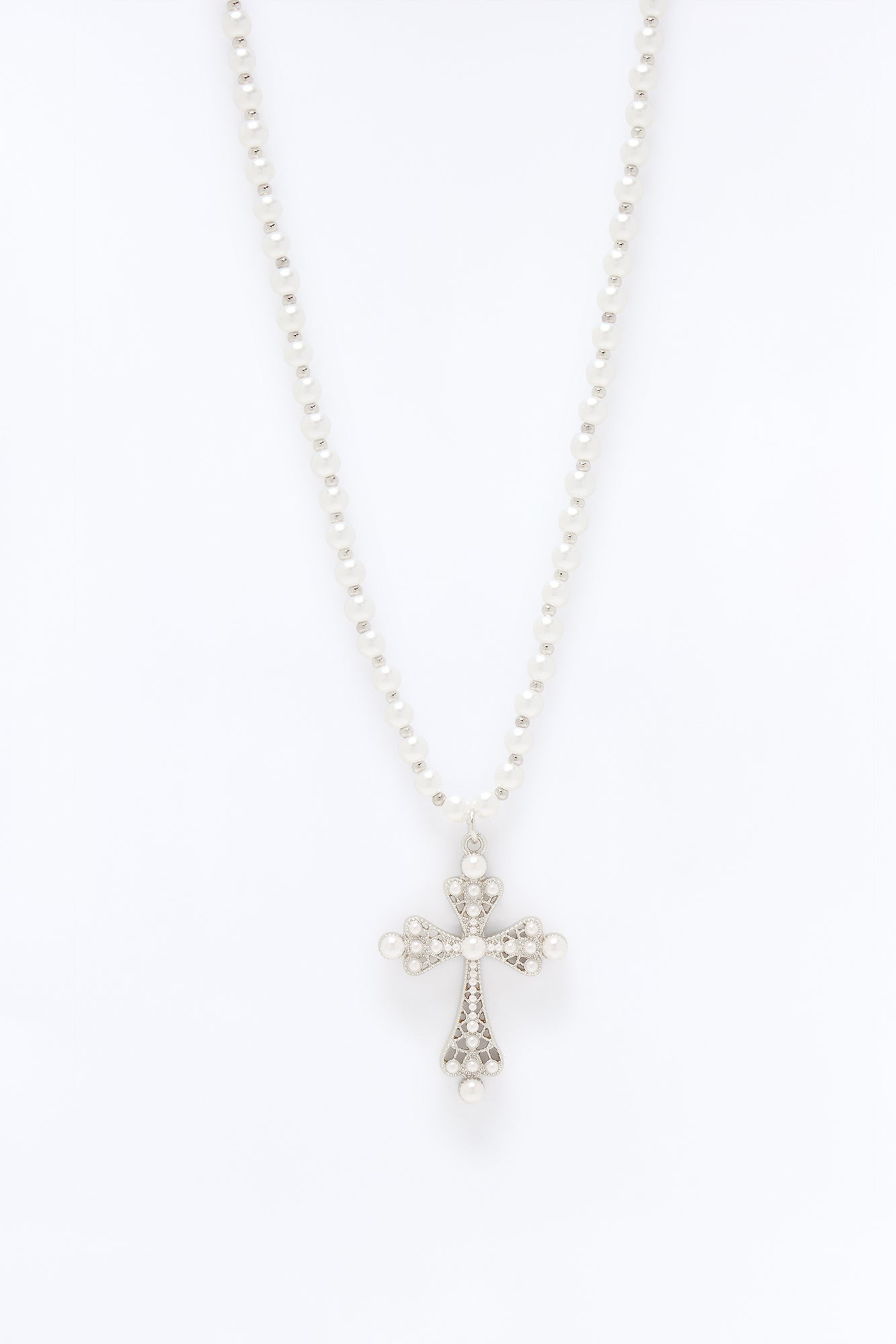 Rosary Pearl Cross Pendant Necklace - Silver