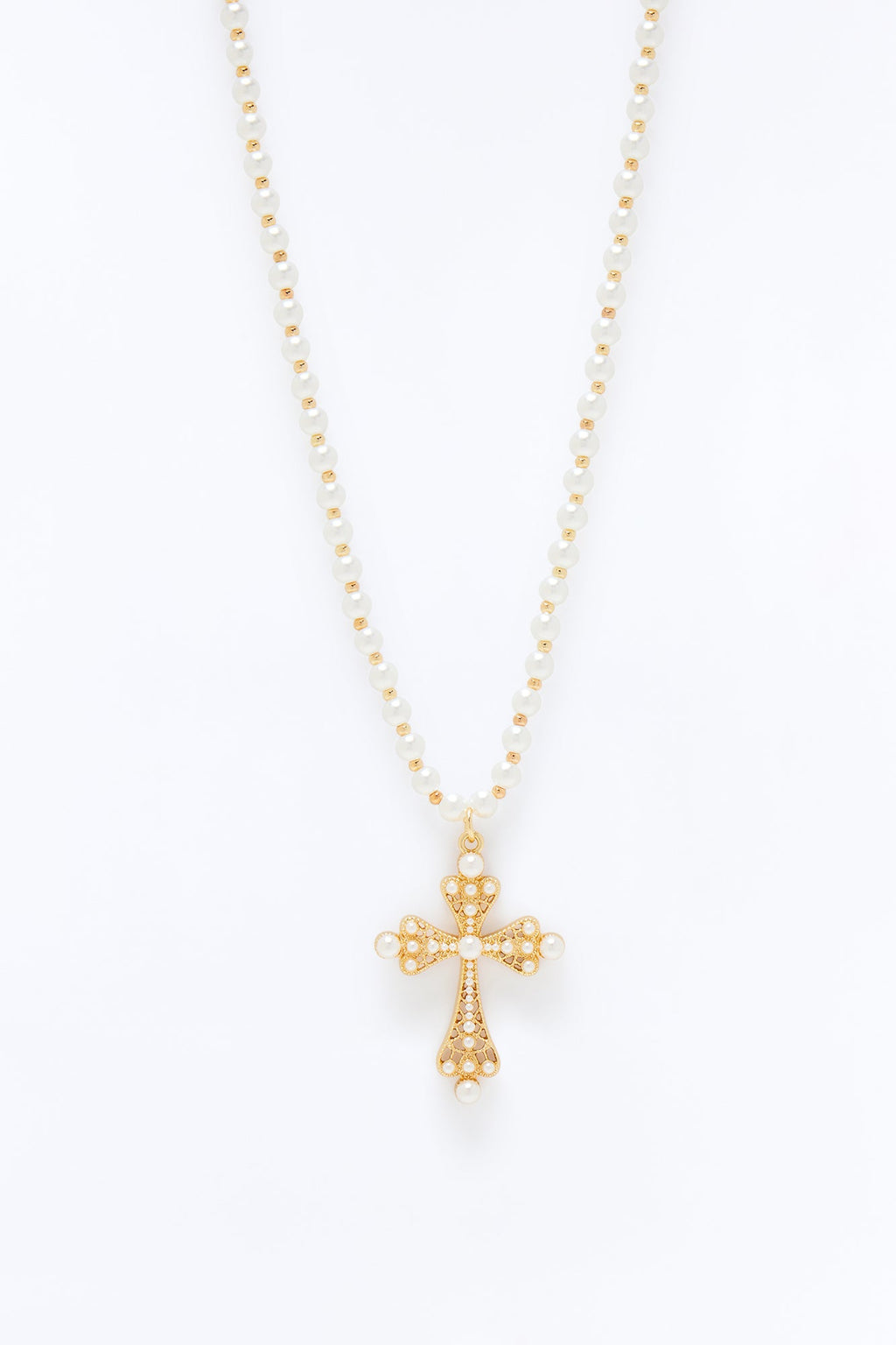 Roman Pearl Cross Pendant Necklace - Gold