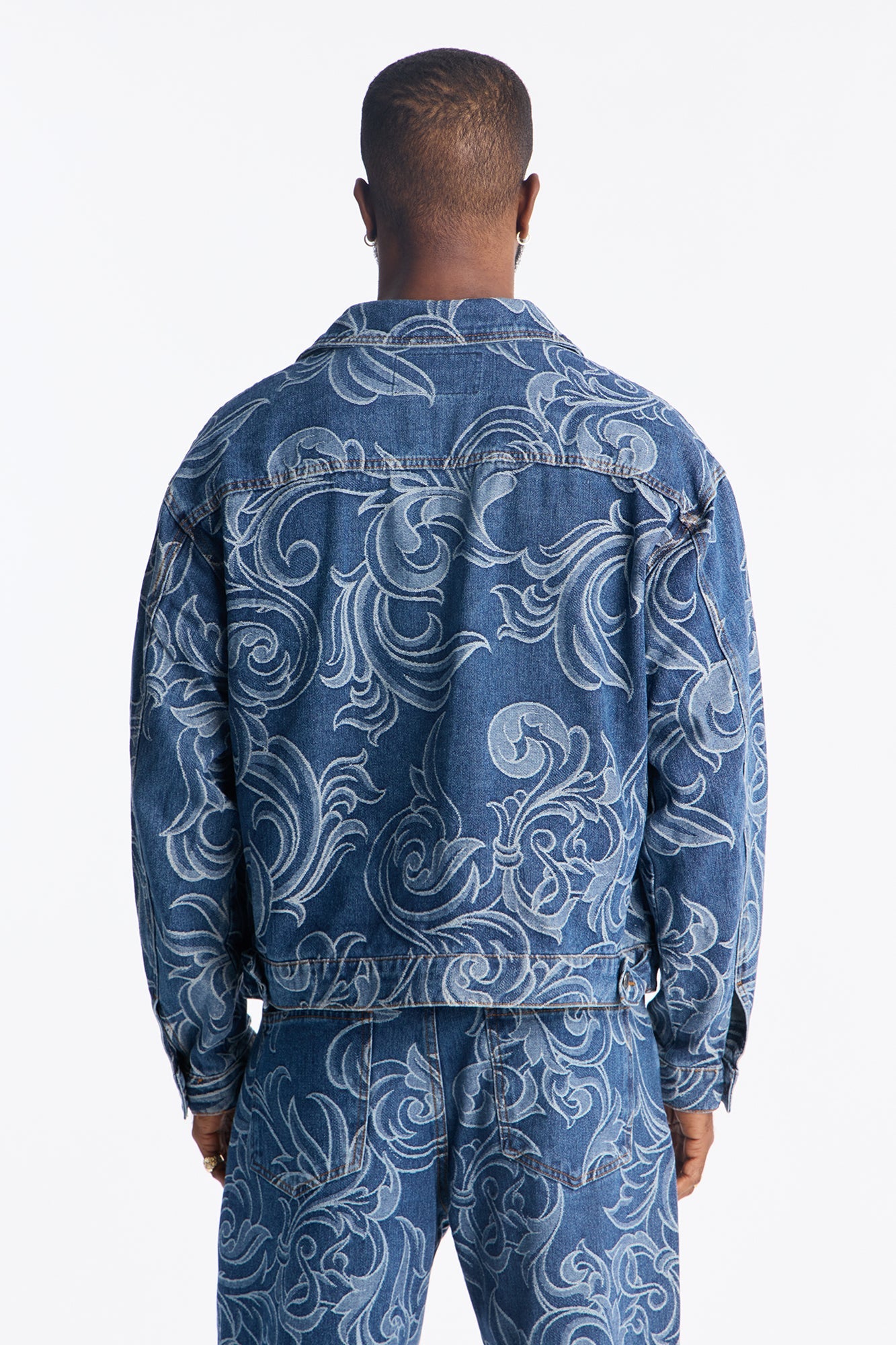 Relaxed Cropped Baroque Jacquard Denim Jacket - Medium Blue Wash