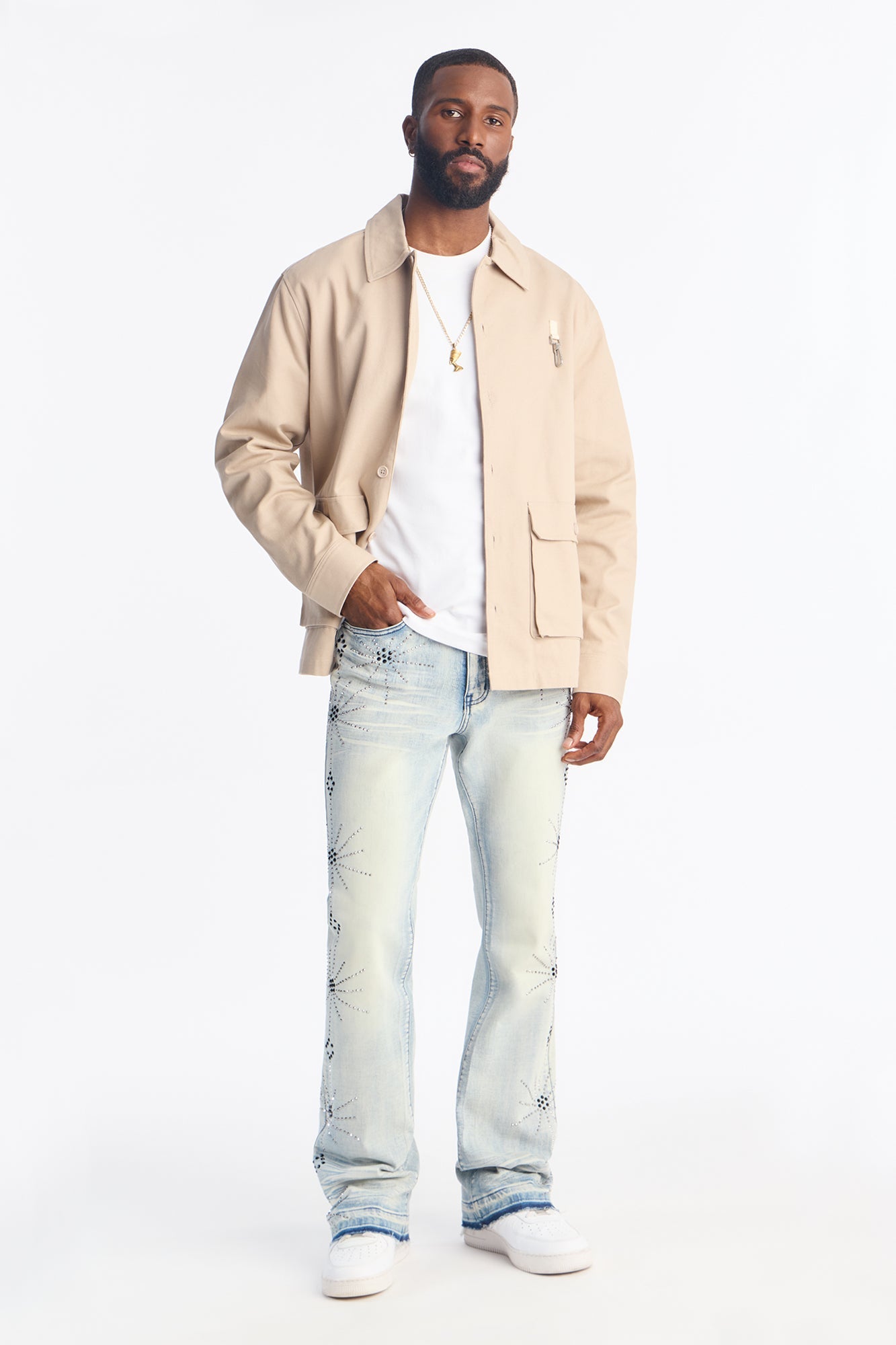 Stacked Skinny Flare Starburst Shine Jeweled Jean - Light Wash