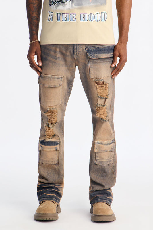 Stacked Skinny Flare No Fear Distressed Cargo Jean - Vintage Wash