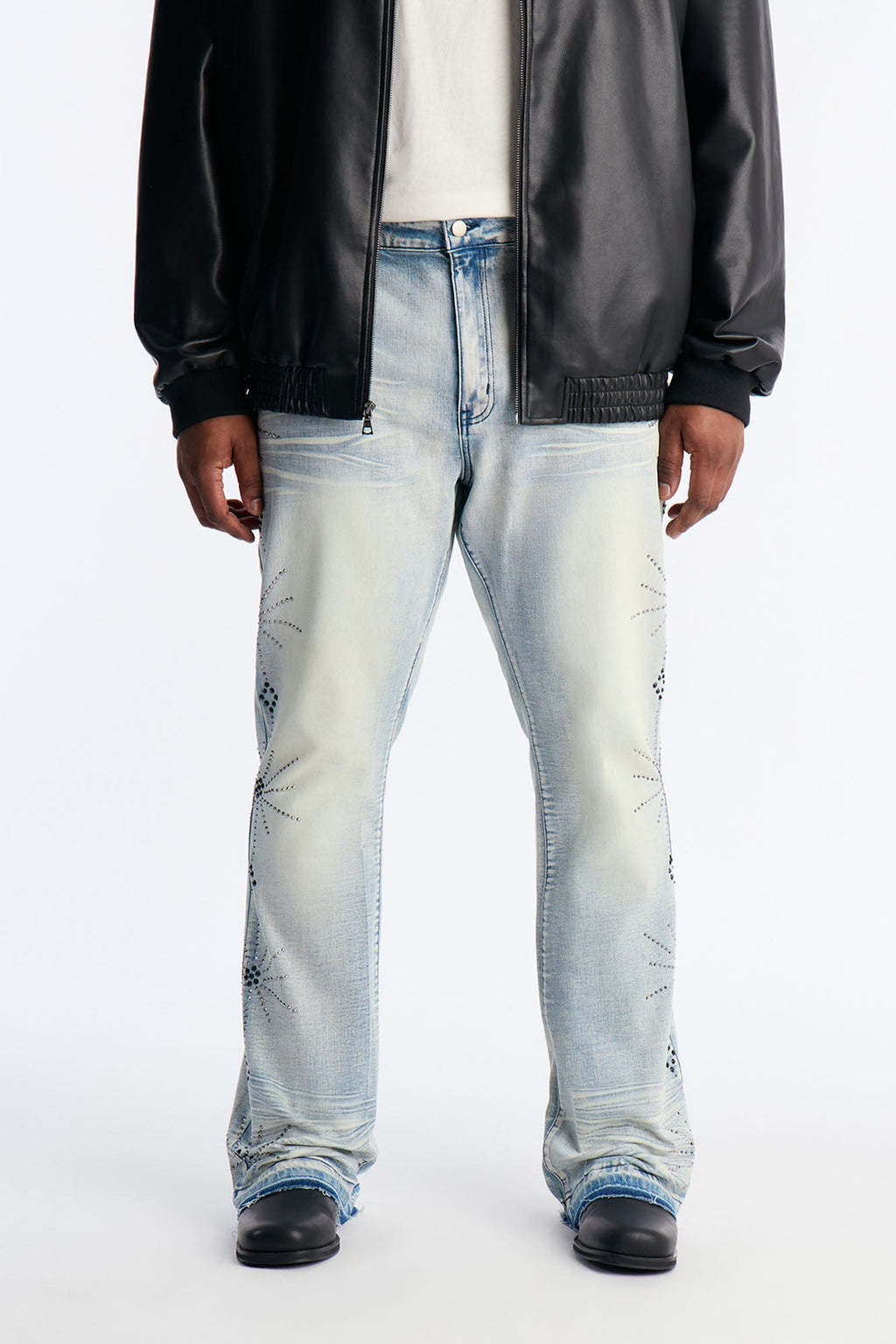Stacked Skinny Flare Starburst Shine Jeweled Jean - Light Wash