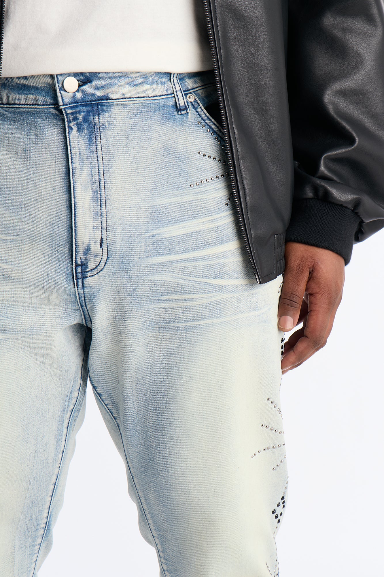 Stacked Skinny Flare Starburst Shine Jeweled Jean - Light Wash