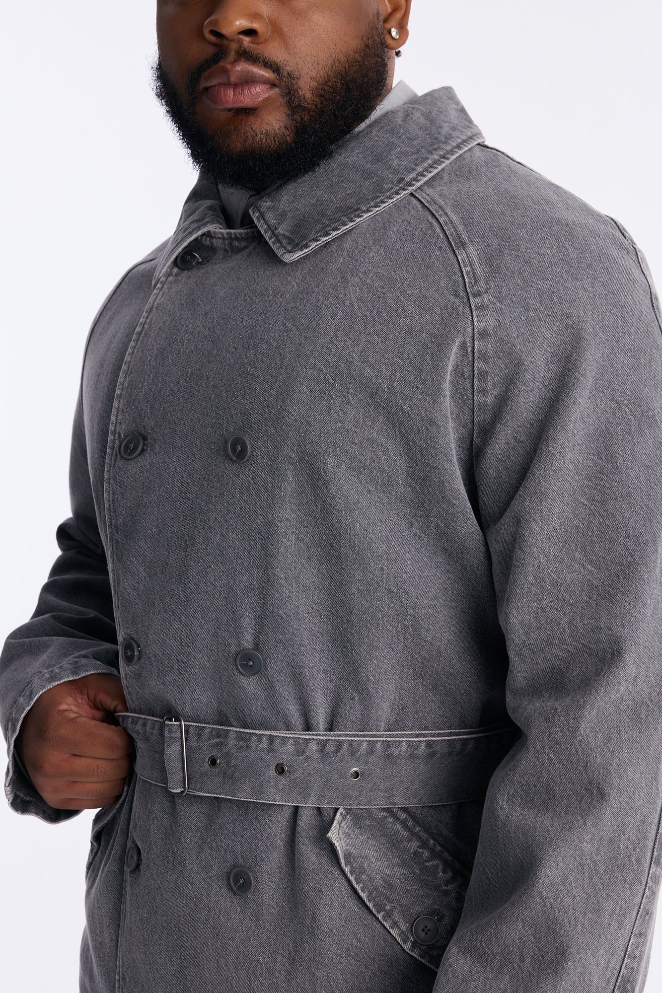 Finesse Double Breasted Denim Trench Coat - Grey