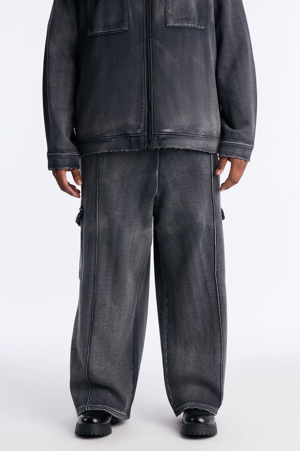 Heavy Wash Baggy Fleece Cargo Pants - Black Wash