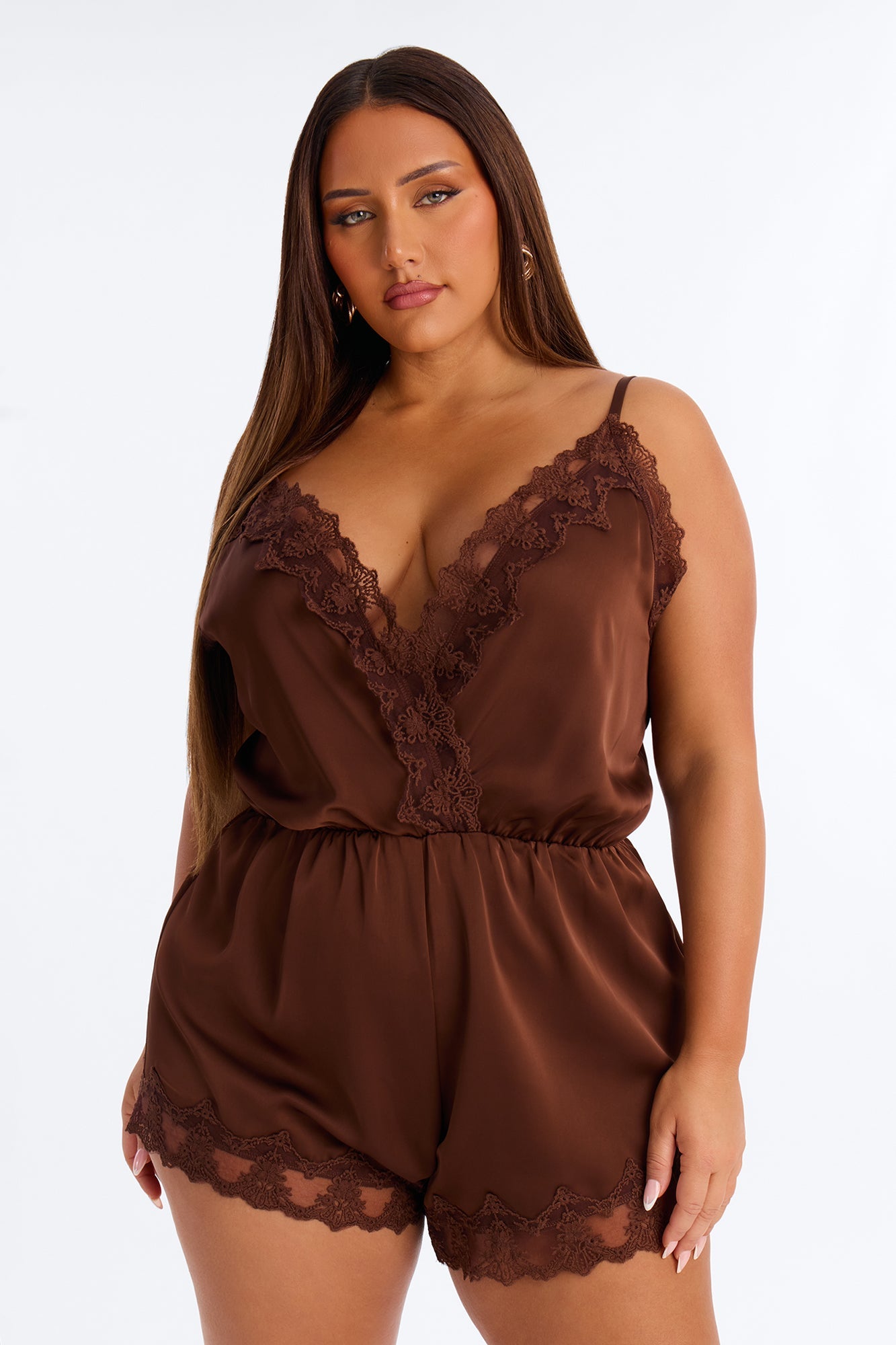 Rina Satin Lace Trim Micro Romper - Chocolate