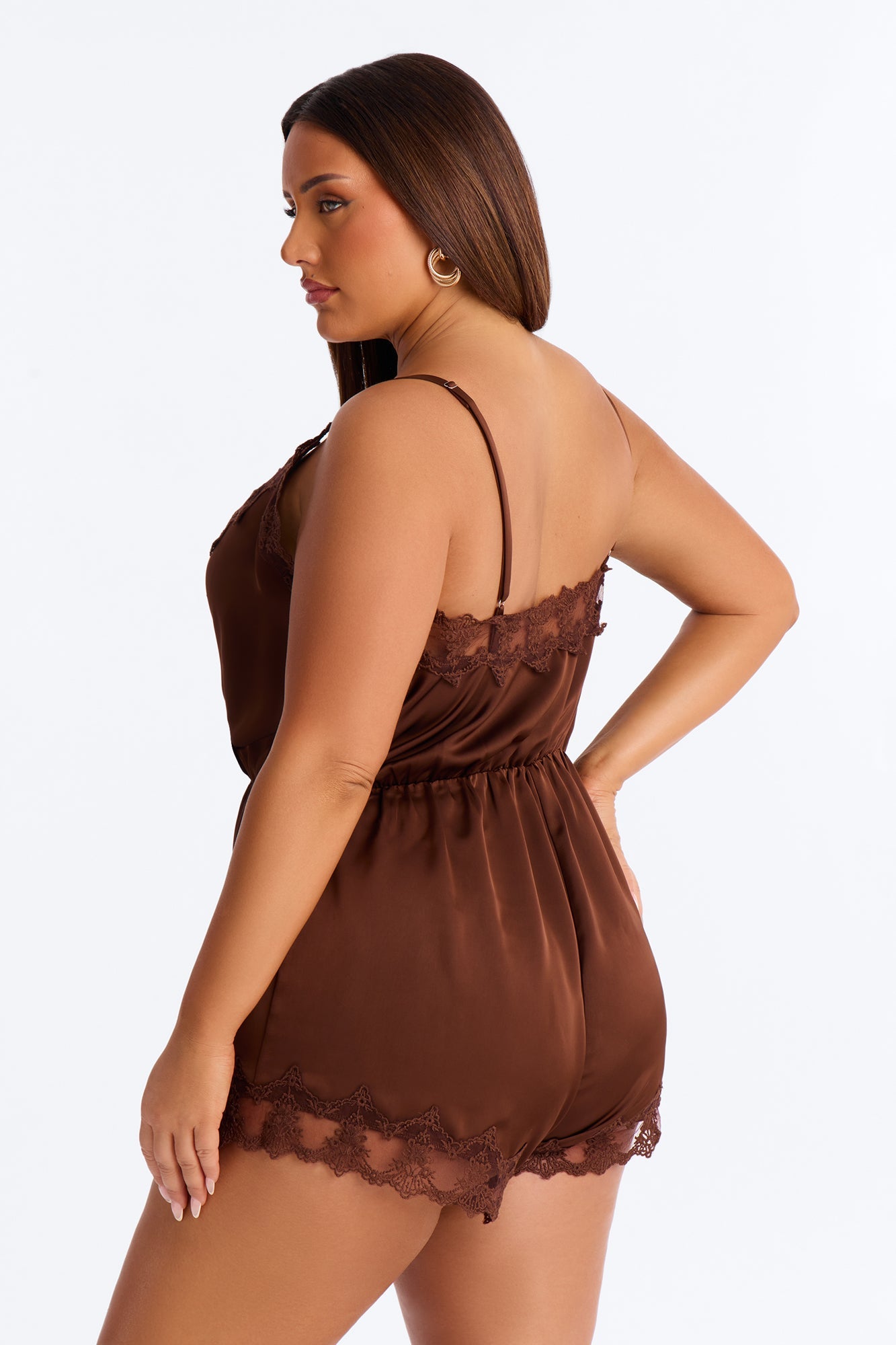 Rina Satin Lace Trim Micro Romper - Chocolate