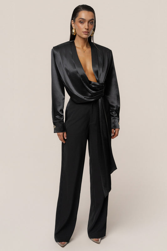 Black Statement Draped Satin Top