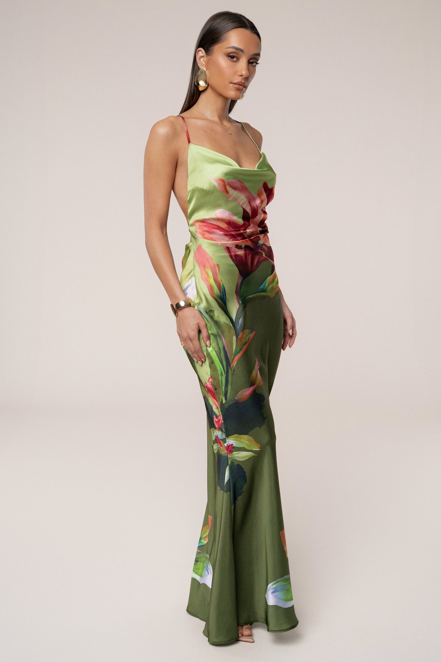 Green Satin Floral Print Maxi Dress