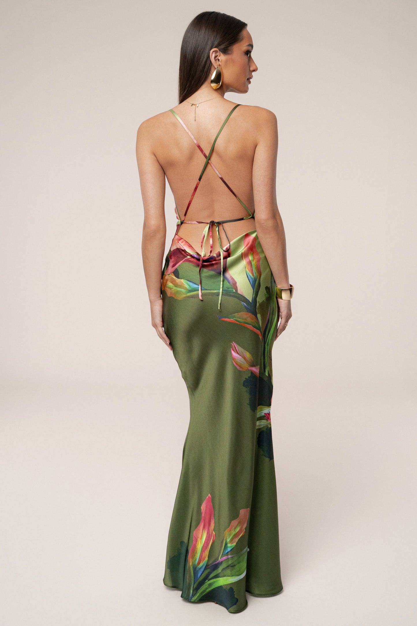 Green Satin Floral Print Maxi Dress