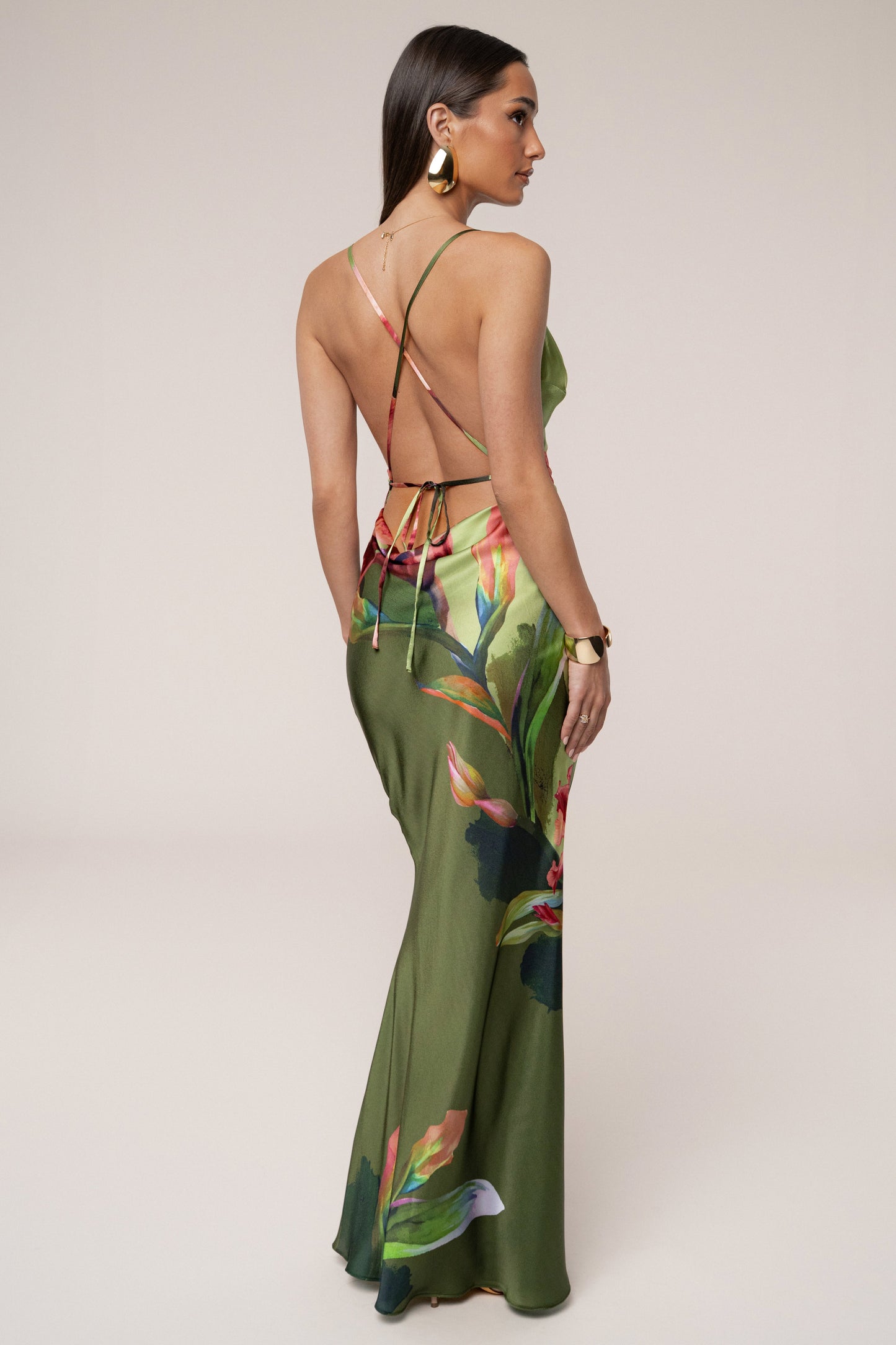 Green Satin Floral Print Maxi Dress