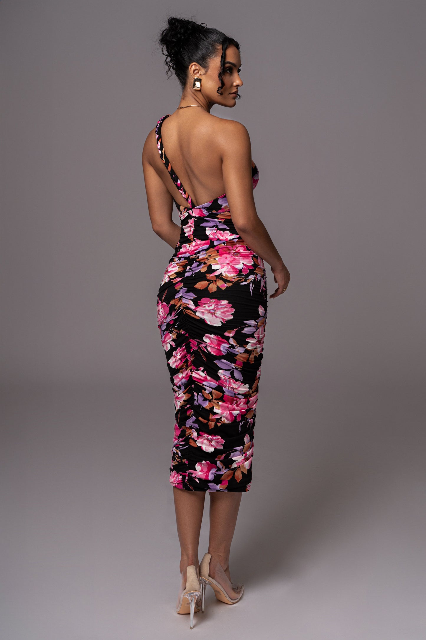 Black Floral Jess Ruched Midi Dress