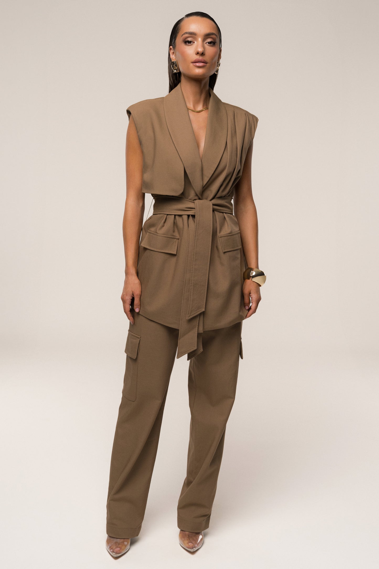 Tan Jeanie Belted Vest