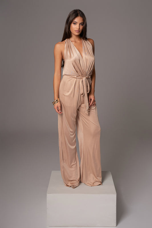 Beige Slinky Halter Belted Jumpsuit