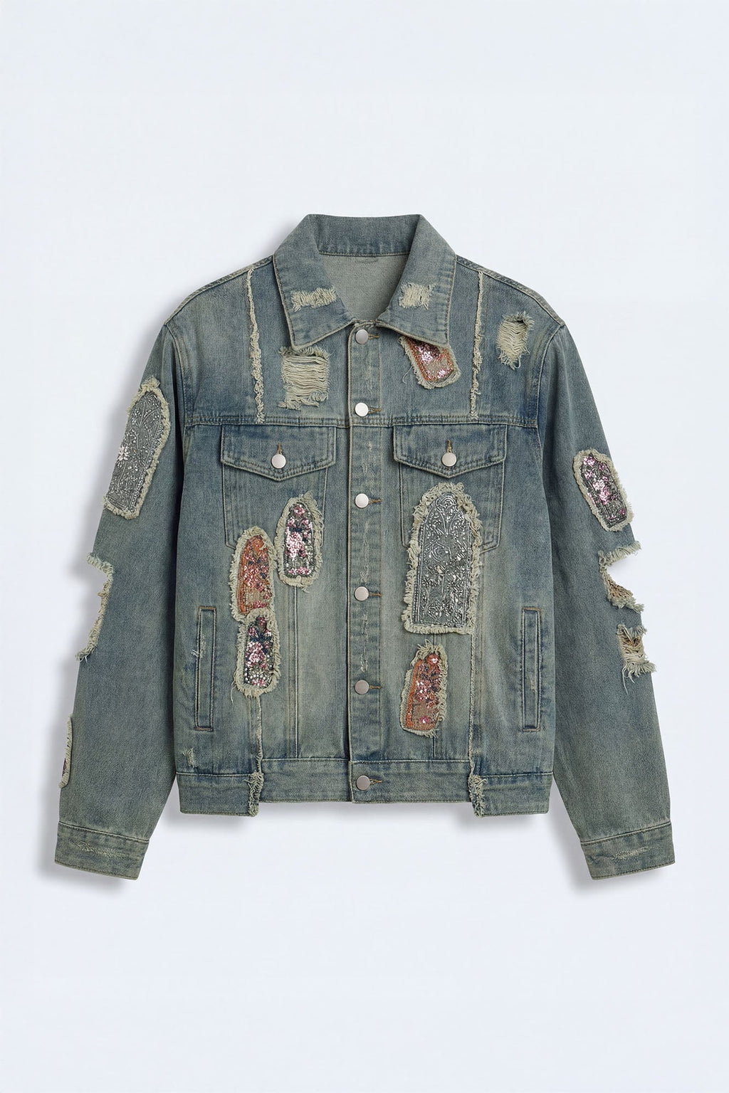 Holy Windows Patched Distressed Denim Trucker Jacket - Vintage Blue Wash